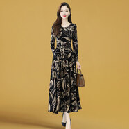 楚馨2025春秋季新款女裝時(shí)尚氣質(zhì)碎花連衣裙印花復(fù)古打底裙a字裙子 黑色 XL