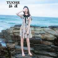 拓澀（TUOSE）連衣裙 夏季新品復(fù)古高腰修身顯瘦a字小個子印花連衣裙短裙 花色 S