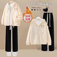 嘉綢青少女初中生套裝女秋冬款女大童12-15歲秋季學(xué)生初女孩外套寬松 杏色黑庫套裝 加絨 160 M（85-105斤）