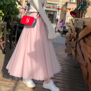 雷黛茜秋冬季韓版新款學(xué)生加絨加厚網(wǎng)紗半身裙中長(cháng)款大擺紗裙子百褶裙女 常規 粉色(款) (四季可穿) 均碼