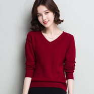 NFTY羊毛衫女時(shí)尚輕熟風(fēng)減齡短款V領(lǐng)套頭毛衣羊毛秋冬打底針織衫上衣 酒紅 L