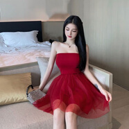 愷吉銳針織抹胸短裙性感露背網紗蓬蓬裙子韓版小個子禮服連衣裙女裝 酒紅色 【有彈性】 S 【75~90斤】