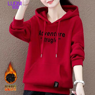 珞妮衛衣女連帽加絨加厚秋冬裝新款寬松顯瘦減齡洋氣上衣外套女 紅色 XL 建議115-130斤