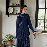 生活在左【林棲作品】復古繡花襯衣飛片不規則秋季新款長(cháng)袖上衣女 藏青色 S