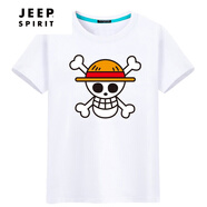 JEEP SPIRIT 海賊王短袖T恤男生夏季潮流學(xué)生索隆路飛半袖動(dòng)漫寬松青少年衣服 白T骷髏頭 S