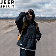 JEEP SPIRIT日系cityboy沖鋒衣男款春季連帽寬松工裝外套加絨套頭半拉鏈夾克 黑色 男女同款款 常規(guī) XL