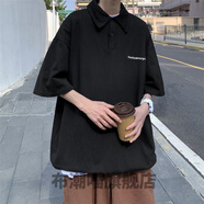 花淯paolou衫男款短1袖原宿風(fēng)t恤寬松休閑翻領(lǐng)Polo夏季潮流痞帥體恤 黑色 L