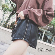 Radinka2025春秋新款韓版寬松高腰顯瘦黑色外穿PU皮短褲女休閑百搭闊腿褲 黑色 S