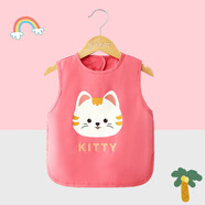 銀初寶寶圍兜兒童飯兜防水防臟男女童罩衣可愛(ài)卡通倒穿衣 棉感無(wú)袖喵咪西紅 100碼 建議2-3歲