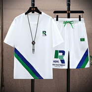 柏樂(lè )迪青少年男裝夏季套裝12-15歲男孩初高中學(xué)生冰絲短袖t恤14大童夏裝 201白色（短袖+短褲） 175 2XL（建議體重140-160斤）