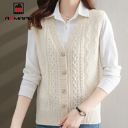AEMAPE無(wú)袖針織馬甲女開(kāi)衫2025春秋冬針織衫女寬松坎肩外套V領(lǐng)毛衣紅色 米色 XL