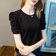 麥雪人純棉短袖t恤女夏季2025新款潮女裝圓領(lǐng)體恤法式泡泡袖洋氣上衣 019黑色 XL 110-120斤