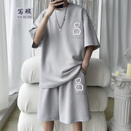 寫(xiě)璇男款短袖短褲夏天套裝男生韓版全套衣服男土一套男潮流搭配五分褲 灰色(上衣+褲子) XL