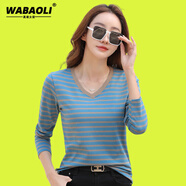 WABAOLI高檔品牌 條紋長袖T恤女2024新款春秋寬松薄款百搭打底衫減齡上衣 藍色【V】 S 【建議體重90斤以下】