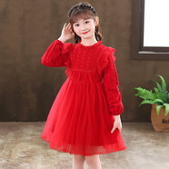冇匠女童連衣裙夏裝寶寶公主裙2024生日演出禮服花童洋氣白婚紗裙 紅色秋款  150cm(建議身高145m寶寶左右穿)