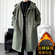 洛夫倫春季新款大衣風衣男中長款大碼寬松休閑潮流男裝過膝大衣連帽外套 軍綠色加厚加棉 3XL （適合175-210斤）