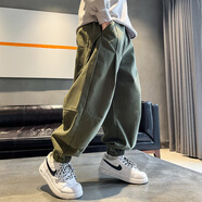 BABYBODY男童褲子長(cháng)褲夏季薄款防蚊褲帥氣休閑褲中大童寬松工裝褲 軍綠色【春秋款】 140cm【建議身高130-135CM】