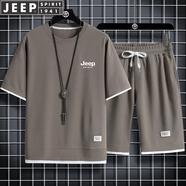 JEEP SPIRIT吉普短袖T恤男短褲運動套裝休閑兩件套夏季商務(wù)中青年 灰杏色 XL (145斤-160斤)