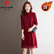 皮爾卡丹（pierre cardin）秋冬半高領(lǐng)針織連衣裙女中長款寬松時尚毛衣配大衣毛衣裙打底裙厚 紅色(加絨加厚) M 165