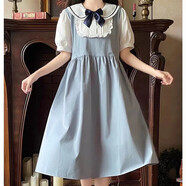 景怡依少女連衣裙微胖女孩大童13-20歲初中學(xué)生高中生棉布裙子寬松洋氣 藍色 S