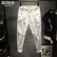英爵紳（YINGJUESHEN）街拍牛仔褲男裝BF港味chic春夏男士褲子寬松哈倫薄款闊腿褲男九分 白色破洞款 31