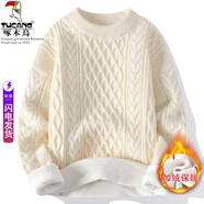 啄木鳥(niǎo)圓領(lǐng)針織毛衣男秋冬季寬松百搭條紋打底衫休閑潮流長(cháng)袖內搭 米白色加絨 M (建議90-110斤)