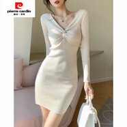 皮爾卡丹（pierre cardin）配大衣打底裙女春秋季2024新款性感v領(lǐng)針織連衣裙修身包臀毛衣裙 杏色 L 建議【110-120斤】