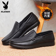 花花公子皮鞋男羊皮透氣軟皮男士商務(wù)休閑鞋套腳豆豆鞋懶人一腳蹬爸爸鞋 黑色加絨 38