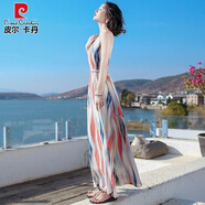 皮爾卡丹夏季女裝長(zhǎng)款條紋大版雪紡連衣裙波西米亞長(zhǎng)裙海邊度假沙灘裙 圖片色 L 115-125斤