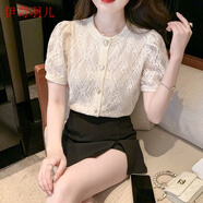 女裝2022年新款夏裝2022夏季新款法式提花短袖蕾絲衫女韓版時(shí)尚氣質(zhì)洋氣減齡百搭上衣 杏色 前后內里 S