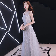 諾麗緹簡單大方晚禮服女2025新款晚會名媛主持人連衣裙平時可穿小禮服女 銀灰色長款 S