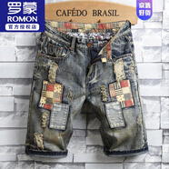 羅蒙（ROMON）潮流短褲男牛仔褲破洞個(gè)性夏季薄款寬松直筒韓版潮流修身五分中褲 773 30