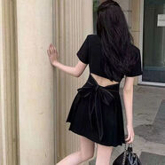 fredrical西裝領(lǐng)露腰連衣裙女2025夏季新款設計感后背捆綁帶蝴蝶結百褶短裙 黑色蝴蝶結露背裙 S 【建議8095斤內穿】