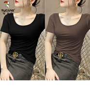 啄木鳥(niǎo)莫代爾雙U領(lǐng)短袖t恤女裝2025夏季薄款冰絲低領(lǐng)緊身上衣半袖體恤 黑色+咖啡 L 【建議110-120斤】