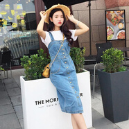 蘭威費雷學(xué)院風(fēng)牛仔背帶裙女春韓版復古中長(cháng)款直筒裙高腰顯瘦連衣裙潮 天藍色 注明：排扣是紐扣式 S