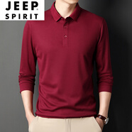 JEEP SPIRIT吉普新款男裝爸爸長袖T恤男純棉中年男士純色polo打底衫中老年人 酒紅 M 165