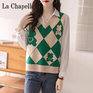 拉夏貝爾（La Chapelle）復古菱格卡通春減齡羊毛針織背心馬甲女外搭秋冬毛衣坎肩馬夾 純100自動(dòng)發(fā)熱綠色 純100自動(dòng)發(fā)熱L碼 建議110--125斤