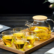 美斯尼 玻璃茶壺泡茶壺花果茶冷飲涼水壺加厚耐熱燒水壺家用茶具套裝 1000ml 壺 +4 品杯 +竹茶盤