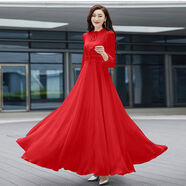 亞貝梵2022新款女長袖系帶領(lǐng)純色雪紡連衣裙修身顯瘦沙灘度假長款大擺裙 紅色 4XL建議145-160斤