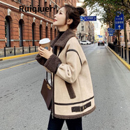 RUIQIUER秋冬新款輕奢女裝加厚仿羊羔毛外套法式小眾百搭寬松皮毛一體上衣 卡其色 XL