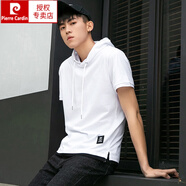 皮爾卡丹（pierre cardin）夏季百搭連帽短袖t恤男潮流帶帽運(yùn)動(dòng)嘻哈上衣帽衫衛(wèi)衣潮 白色 XL/175 【120-135斤】