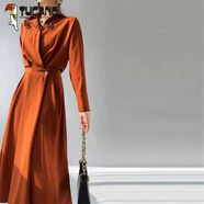 啄木鳥廣州十三行醋酸緞法式襯衫時(shí)尚連衣裙女2024春秋季感氣質(zhì)長裙 橘色 L 100-115