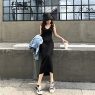 丹珠娜針織連衣裙秋裝2024新款收腰顯瘦氣質(zhì)法式復古打底針織吊帶裙子女 黑色 S