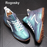 Rogosky  香港潮牌男鞋新款ins風簡約字母印花高幫板鞋男四季街頭休閑皮拼接包底運動鞋子 藍色增高版 42（皮鞋碼）