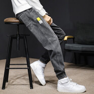 杰柏度工裝休閑褲男士牛仔褲男束腳春夏款寬松彈力大碼修身九分青年長(cháng)褲 2032灰色常規 2XL 體重150-165斤
