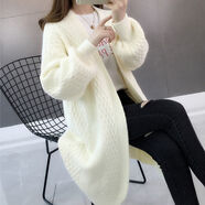 貝吉棋秋冬春新款加厚粗毛線中長款口袋針織麻花毛衣開衫外套女韓版寬松 燈籠袖-白色 XL