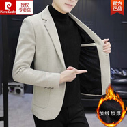 皮爾卡丹男士加絨加厚小西裝修身秋冬季毛呢外套韓版休閑一套搭 米色 3XL 185