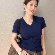 HAAPES專(zhuān)柜女裝短袖T恤女2025夏季新款修身V領(lǐng)收腰短款純色上衣 藏青色 (5碼)XL