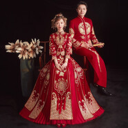 紅衣金線 新娘秀禾服2024新款中式婚紗結(jié)婚嫁衣秀和服小個(gè)子敬酒服秀和 喜如意情侶套裝 S