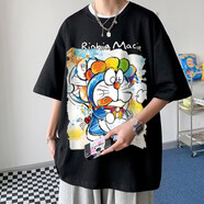 衣然呈品潮流短袖T恤男夏季美式復古字母印花寬松百搭休閑半袖上衣服男裝 黑色 哆啦A夢 XL【建議120-140斤】